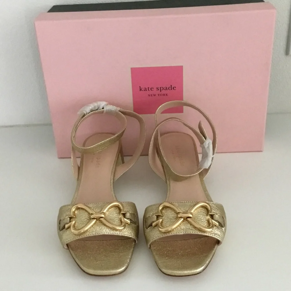 New Kate Spade Metallic Gold Leather Ankle-Strap Sandals